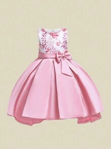 Satin Embroidered Floral Bow Princess Dress, Elegant , Suitable For Parties, Embroidery Direction Random, Excluding Headband