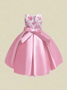 Satin Embroidered Floral Bow Princess Dress, Elegant , Suitable For Parties, Embroidery Direction Random, Excluding Headband