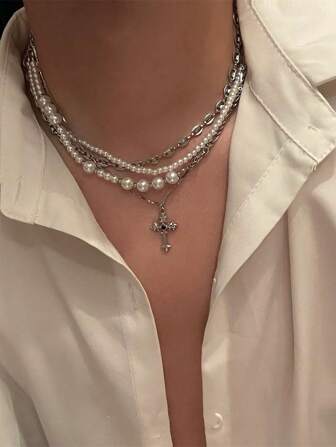 1PC  Necklace Rhinestone-Encrusted Cross Faux Pearl Long Necklace Senior Sense Of  Multi-Layer Faux Pearl Stacked Wear