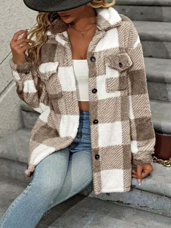 Women's New Arrival Plaid Pattern Fuzzy Casual Jacket, Autumn Winter