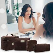4 Pcs Makeup Bag For Women Corduroy Cosmetic Bag Aesthetic Cute Bags Multi Size Purse Pouch Travel Toiletry Bag Set Makeup Organizer With Zipper - màu nâu - Xem 6