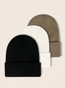 3 件装女士纯色针织帽，简约时尚，温暖户外帽，适合秋冬季 - 純色 - 查看 3