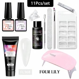 FOUR LILY 11Pcs/Set Nail Extension Gel With Nail Art Accessories, Starter Kit, Mini Lamp, Use At Home, Including Nail Gel And More, USB Powered, Gel Nail Supplies, Easy To Operate, Slip Solution For Beginners