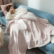 1pc Plain Color Wearable Plus Fleece Thick Blanket, Modern Simple Polyester Flannel Fluffy Thick Soft Comfortable Suitable For Living Room Sofa In Winter - Pink - View 3
