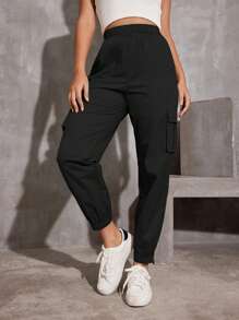 1pc Tween Girl Casual Straight Leg Drawstring Pants With Pockets, Spring Autumn - Black - View 3