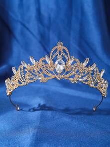 4 件皇冠耳环项链套装，优雅巴洛克水晶女王皇冠项链耳环首饰套装，适合新娘婚礼、派对、舞会 - 金色 - 查看 3