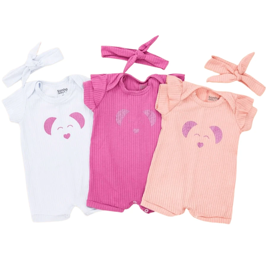 Kit 3 Macaquinhos Canelado Rompers Bebe Menino - Rosa Bebê - Visão 1