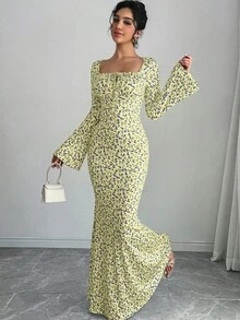 女士碎花印花 U 领方领法式优雅长款紧身鱼尾裙 - 彩色 - 查看 4