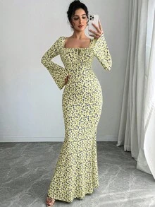 女士碎花印花 U 领方领法式优雅长款紧身鱼尾裙 - 彩色 - 查看 3