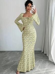 女士碎花印花 U 领方领法式优雅长款紧身鱼尾裙 - 彩色 - 查看 1