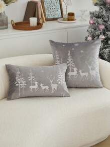 1pc Christmas Deer & Christmas Tree Embroidered Cushion Cover, Suitable For Indoor Decor, Christmas Decorative Pillow Cover, No Filler - Grey - View 2