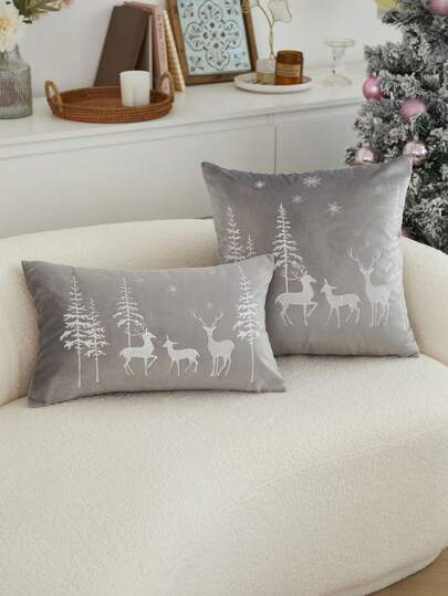1pc Christmas Deer & Christmas Tree Embroidered Cushion Cover, Suitable For Indoor Decor, Christmas Decorative Pillow Cover, No Filler