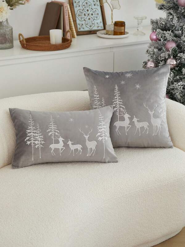 1pc Christmas Deer & Christmas Tree Embroidered Cushion Cover, Suitable For Indoor Decor, Christmas Decorative Pillow Cover, No Filler