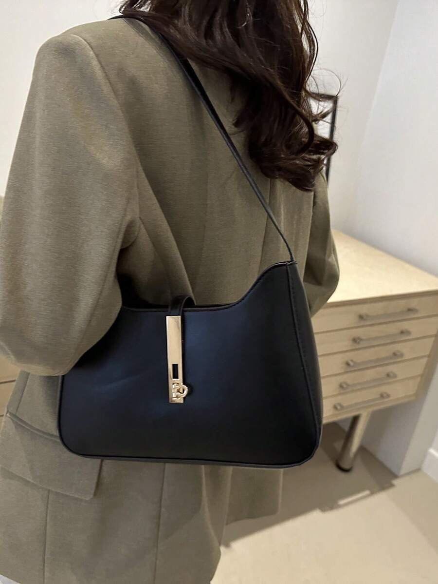 新款时尚纯色手提包，时尚小众设计女士单肩包/腋下包 - 黑色 - 查看 1