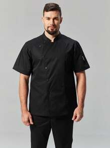 新款设计男士短袖薄款按扣前部透气纯色厨师制服，适用于酒店、烧烤店、咖啡厅、学校和工厂食堂