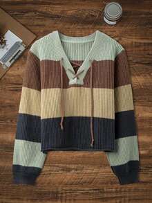 Women Striped Long Sleeve Drop Shoulder Short Knit Top - Mint Green - View 2