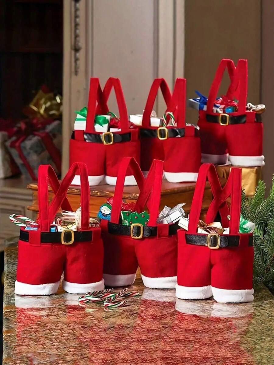 节日圣诞礼品袋：1/6 件圣诞老人裤子款式，小号，非常适合新年和圣诞节礼物 - 紅色 - 查看 1