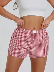 Womens Plaid Print Shorts Elastic Low Waist Button Front Lounge Shorts Boxers Streetwear - Rojo - Ver 2