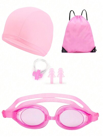 5pcs Solid Swimming Cap & Swimming Goggles & Nose Clip & Earplug & Storage Bag, Beach Essentials, Beach Accessories, Pool Float