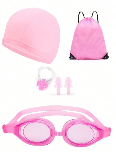 5pcs Solid Swimming Cap & Swimming Goggles & Nose Clip & Earplug & Storage Bag, Beach Essentials, Beach Accessories, Pool Float