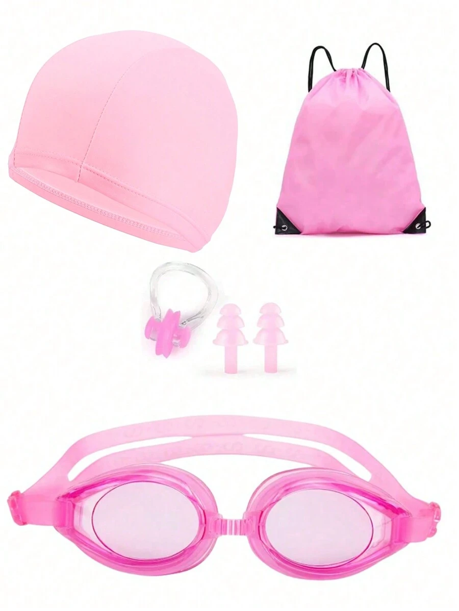 5pcs Solid Swimming Cap & Swimming Goggles & Nose Clip & Earplug & Storage Bag, Beach Essentials, Beach Accessories, Pool Float - Baby Pink - View 1