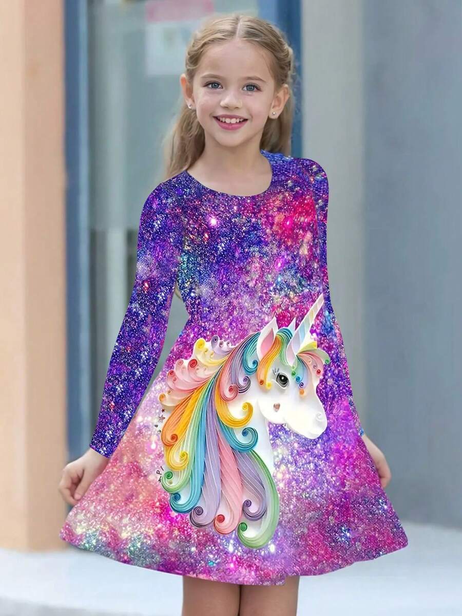 Tween Girl 舒适休闲独角兽星空 3D 印花长袖连衣裙,适合日常穿着和度假 - 彩色 - 查看 1