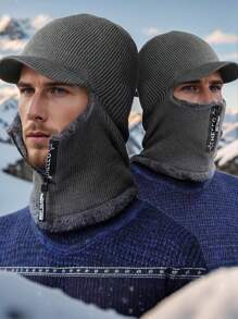 1Pc Casual Knitted Fabric Hat With Neck Warmer For Men, Winter Outdoor Riding Thick Fleece Balaclava Cap Beanie Fall Outfit - Multicolor - View 11
