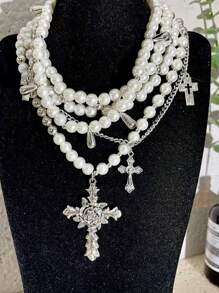 1 对欧美经典百搭时尚仿珍珠多层花朵十字架吊坠项链，精致女士颈链