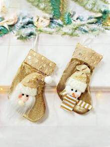 3 buc șosete de Crăciun, împachetare cadouri de Crăciun, cadouri pentru petrecerea de iarnă a bradului de Crăciun, pentru ghirlandă de cununi de Crăciun și decorare grădină acasă, decorare brad de Crăciun, elan, Moș Crăciun, om de zăpadă, șosete mici cadou aurii deschis (maro)