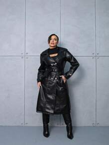 Women's Long PU Leather Lined Overcoat - 黑色 - 查看 2
