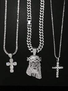 LIGHTSOME Dây chuyền mặt dây chuyền Hip Hop hình thánh giá Chúa Jesus dành cho nam Bộ trang sức Hip Hop mặt dây chuyền nhiều lớp tôn giáo - Bạc - Xem 4