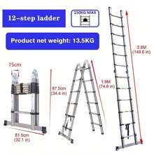 12.5FT (1.9+1.9M) Portable Multi-Purpose Folding A-Frame Ladder With Support Bar Anti-Slip, Stainless Steel Lightweight 330lb Load Telescopic RV Ladder For Outdoor Working Household Use - Grey - View 4