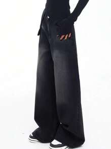 Quần jeans ống đứng rộng rãi cổ điển dành cho bé gái tuổi teen & thanh thiếu niên, phong cách thường ngày của Mỹ, màu đen và xám - màu đen - Xem 4