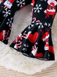 Bộ 4 món đồ liền thân dài tay cho bé gái in hình hươu và chữ dễ thương, quần ống loe có nơ và họa tiết bông tuyết, mũ và dây buộc tóc có nơ cho Giáng sinh - Nhiều màu - Xem 8