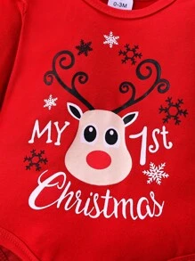 Bộ 4 món đồ liền thân dài tay cho bé gái in hình hươu và chữ dễ thương, quần ống loe có nơ và họa tiết bông tuyết, mũ và dây buộc tóc có nơ cho Giáng sinh - Nhiều màu - Xem 5