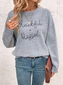 Women Embroidered Thankful Slogan Long Sleeve Drop Shoulder Sweater Thanksgiving Outfit Women