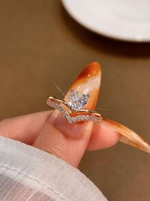 1枚925纯银优雅立方氧化锆V形心形戒指，精致珠宝，女士礼物，适合派对、生日、日常佩戴、情人节等场合。 - 戒指 - 查看 2