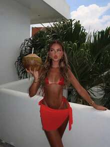 3件套性感比基尼泳衣套装，镂空蓝色网纱裙，夏季 - 紅色 - 查看 3