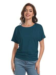 Women Solid Short Sleeve Boat Neck Dolman Top With Side Shirring Loose Fit Casual T-Shirt