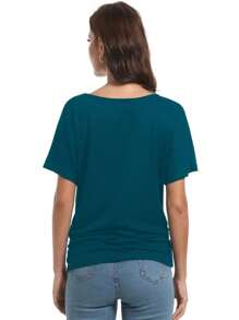 Women Solid Short Sleeve Boat Neck Dolman Top With Side Shirring Loose Fit Casual T-Shirt