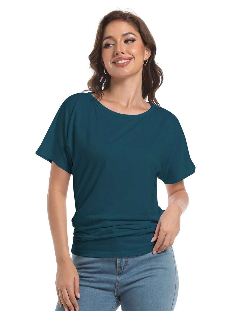 Women Solid Short Sleeve Boat Neck Dolman Top With Side Shirring Loose Fit Casual T-Shirt