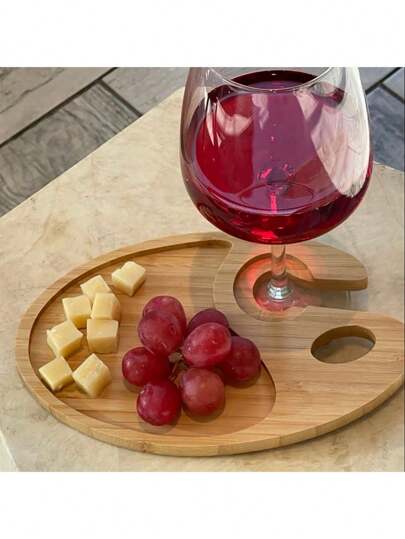 1pc Bamboo Appetizer Plate With Glass Holder, Cheese Board With Wine Rack, Bamboo Cocktail Appetizer Plate With Wine Glass Holder, Cocktail Appetizer Plate With Wine Glass Rack, Small Cheese Board Suitable For Wine Parties, Housewarming Parties, Birthday Parties