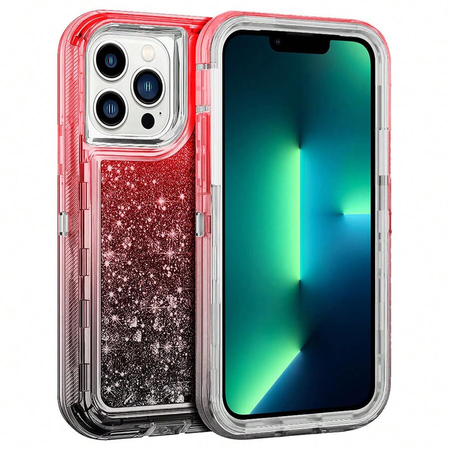 Modes Wireless For IPhone 15 Pro 6.1 Inch Dual Layer Protective Shockproof Tough Defender Sparkling Liquid Glitter Heart Case Cover - 紅/黑 - 查看 1