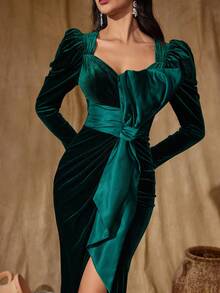 优雅优质羊腿袖剪裁合身修身植绒材料独特女士正式长袖高开叉连衣裙，适合正式晚会、舞会晚礼服、婚礼嘉宾、毕业典礼、晚宴 - 綠色 - 查看 2