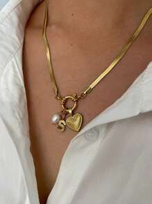 1 件全新奢华字母与心形吊坠 18K 镀金仿珍珠吊坠项链,时尚配饰,适合女士情人节、妈妈、母亲、母亲节、礼物 - 項鍊 - 查看 4