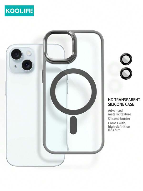 Lot de 2 supports de téléphone Koolife : 1 pièce d'étui de téléphone à chargement sans fil magnétique en PC+TPU full-cover, 1 pièce de film d'objectif "œil d'aigle" compatible avec Apple iPhone 11/12pro/13/14plus/15promax