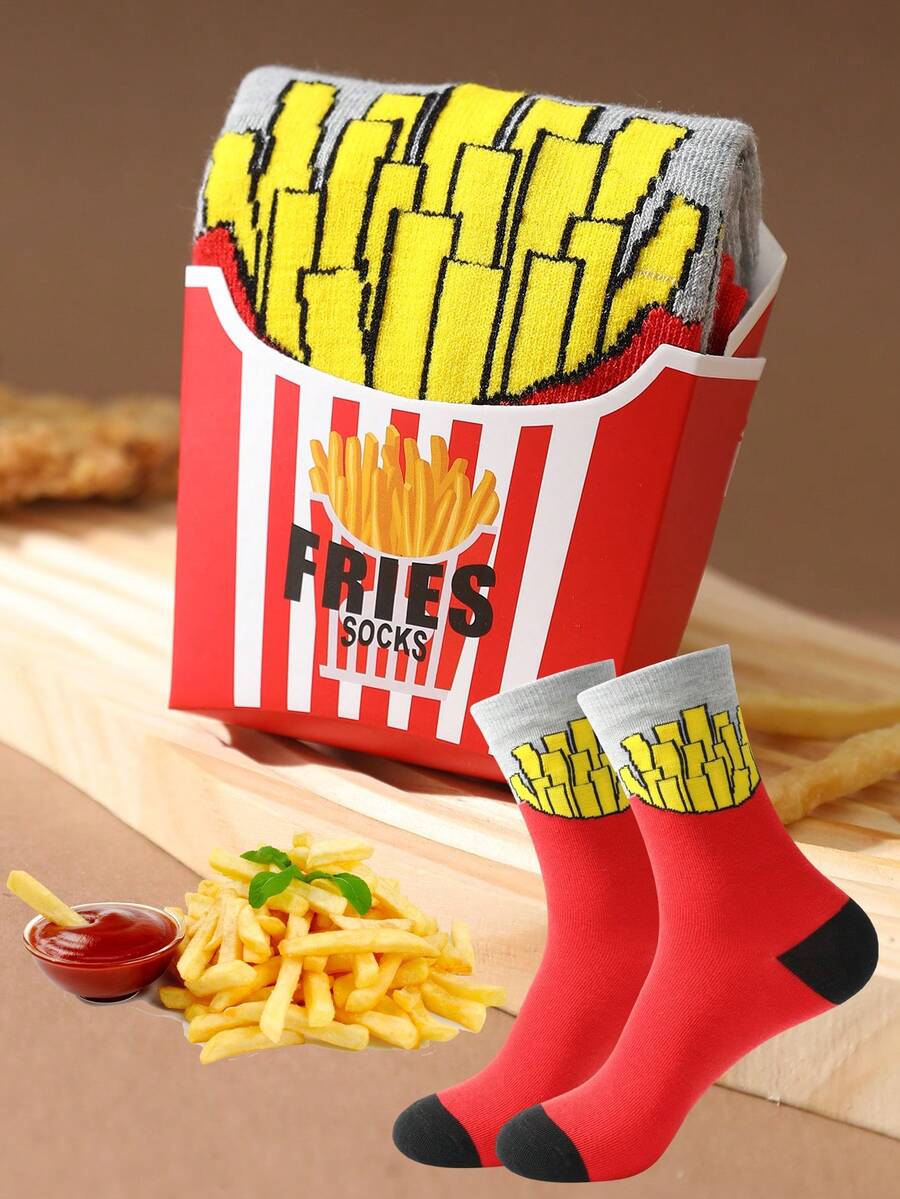 1 双男女通用新奇红色炸薯条袜子，舒适休闲袜子礼盒，适合万圣节、圣诞节、情人节，适合所有季节、秋冬风格 - 彩色 - 查看 1