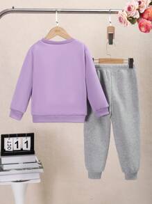 Young Girl Graphic Print Fleece Sweatshirt Casual Outfit Set, Autumn/Winter