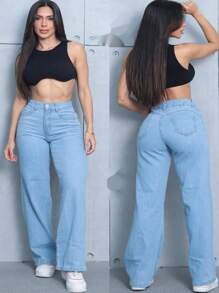 Women's Wide Leg High Waisted Jeans With Butt Lifting Pant - 淺色水洗藍 - 查看 1