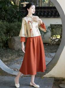 Spring Vintage Chinese Style Ladies Figure Woven 2 In 1 Suedette For Chinese Wedding, Chinese NewYear, Daily, Street, Commuting, Home And Other Occasions To Wear Hanfu Tops (TOPS ONLY)